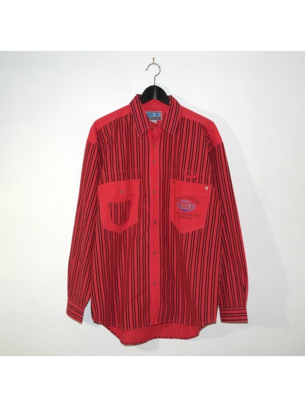 Vintage 90's Bugle Boy Long Sleeve Button Up Shirt Red Black Striped Medium